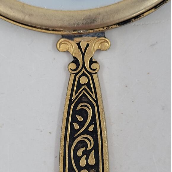 Vintage Etched Brass Black Enamel Blue Bead Floral Boho Vanity Hand Mirror - Picture 6 of 8